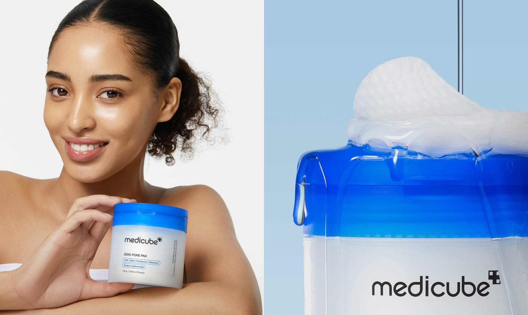 Modelo segurando os Zero Pore Pads da Medicube ao lado do produto
